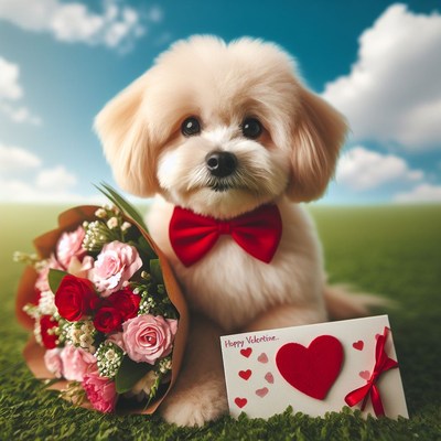 Dog with flowers and valentine's card