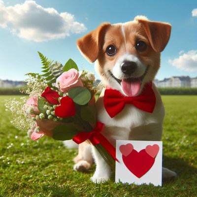 Dog holding flowers and card