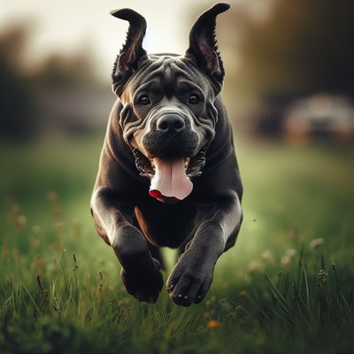 Black dog running in grass