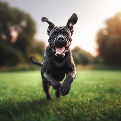Black dog running in a field