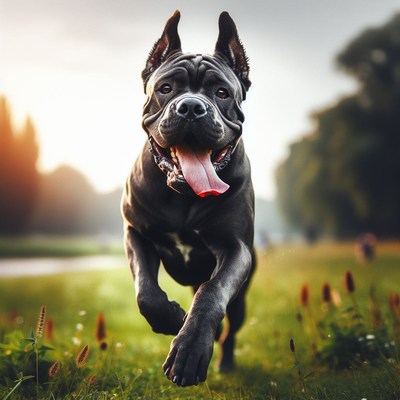 Black cane corso running in field