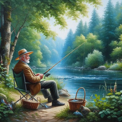 Man fishing by river in summer