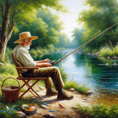 Elderly man fishing by a river