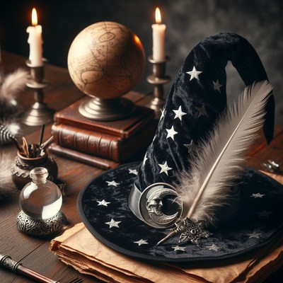 Witch's hat with quill and globe