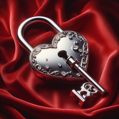 Heart-shaped lock and key on red fabric