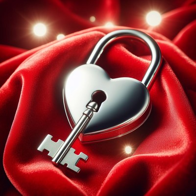 Heart lock and key on red fabric