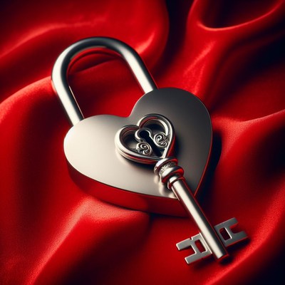 Heart lock and key on red fabric