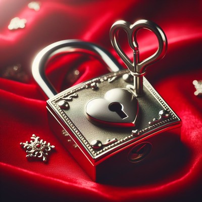 Heart shaped lock and key on red fabric