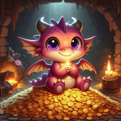 Cute dragon sitting on gold coins