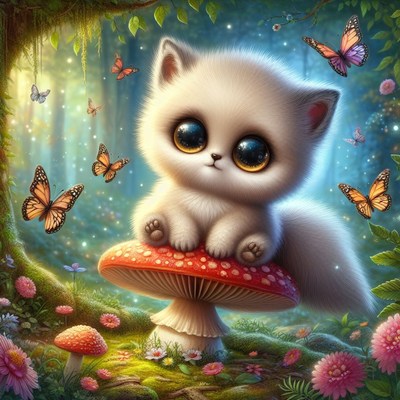 Kitten sitting on mushroom in forest