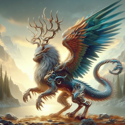 Winged lion with antlers at dawn