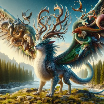 Blue dragon with antlers in forest