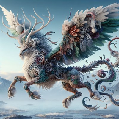 Fantasy creature flying over water