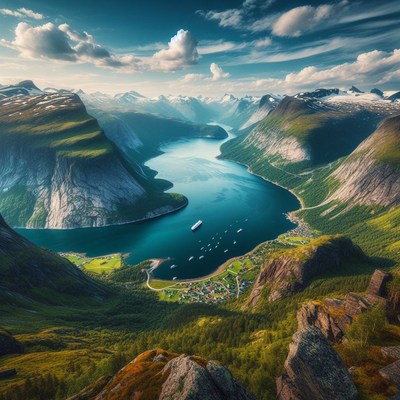 Norwegian fjord landscape with cruise ship