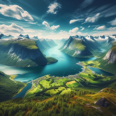 Aerial view of a fjord in norway