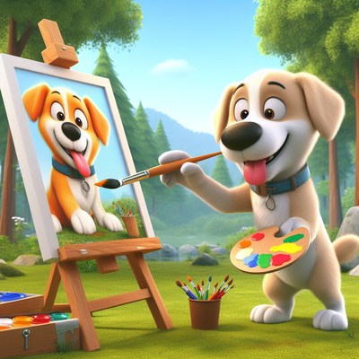 Dog painting self-portrait outdoors