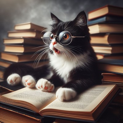 Cat reading book with glasses