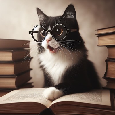 Cat reading book with glasses