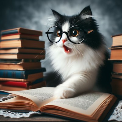 Cat reading book with glasses