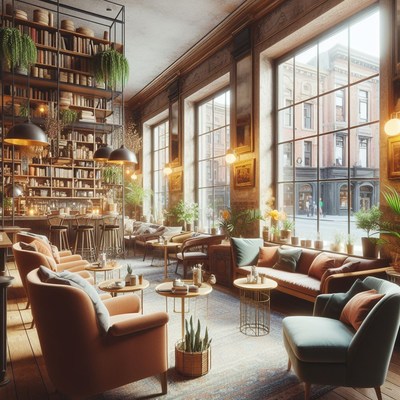 Cozy library lounge with city view