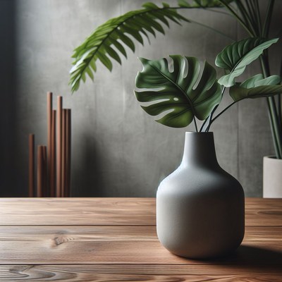 Gray vase with monstera leaf on wooden table