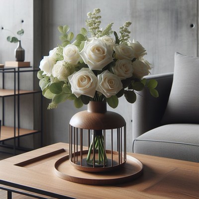 White roses in a cage vase