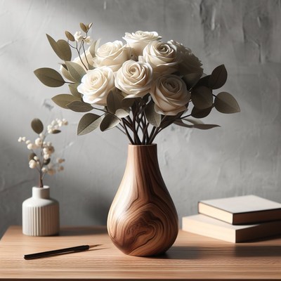 White roses in wooden vase