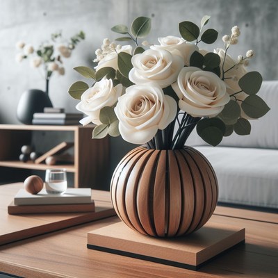 White roses in wooden vase on table