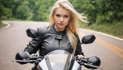 Woman riding motorcycle on country road