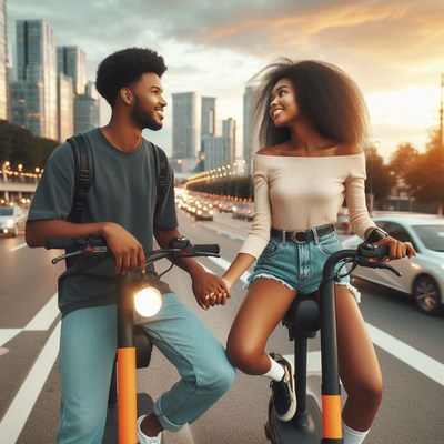 Couple riding scooters in city at sunset