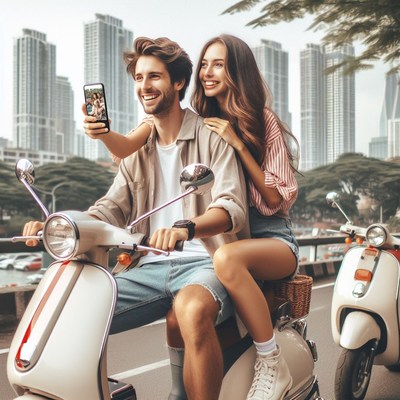 Couple takes selfie on scooter