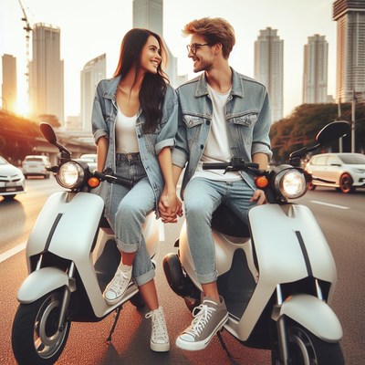 Couple riding scooter in city at sunset