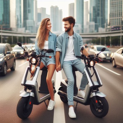 Couple riding scooters in city