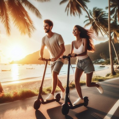 Couple riding electric scooters on tropical beach
