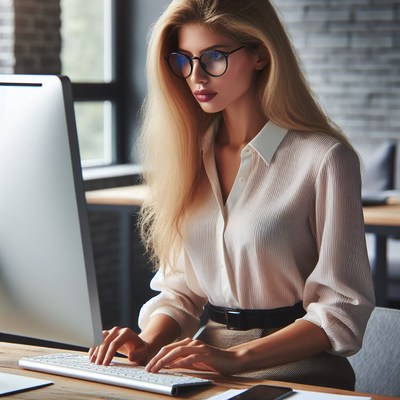 Woman working at a desk with a computer