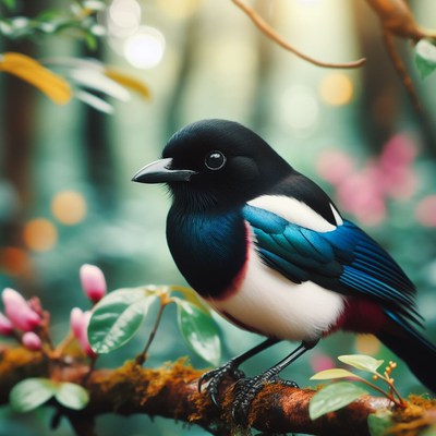 Magpie perched on branch in forest