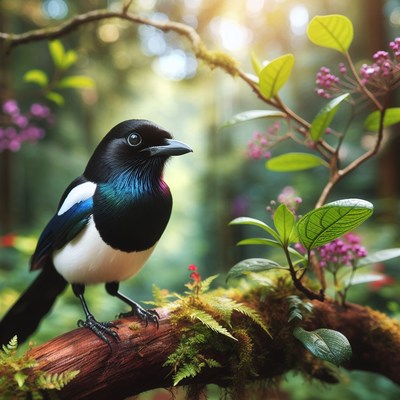 Magpie perched on branch in forest