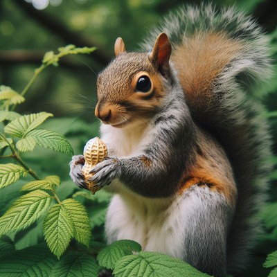 Squirrel eating peanut in foliage