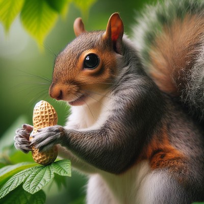 Squirrel eating peanut in greenery