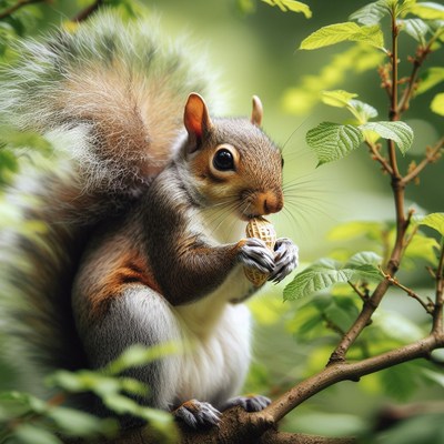 Squirrel eating peanut on branch