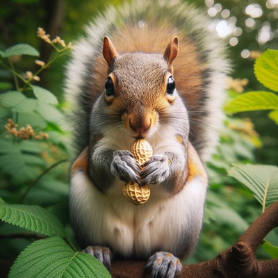 Squirrel eating peanut in foliage
