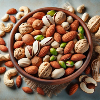 Mixed nuts bowl on grey surface