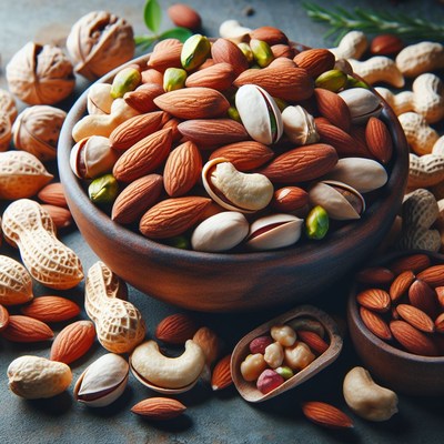 Assorted nuts in wooden bowl
