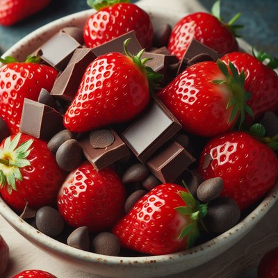 Strawberries, chocolate, and chips in bowl