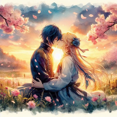 Couple kissing at sunset in flower field