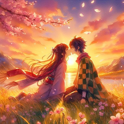 Anime couple kissing at sunset