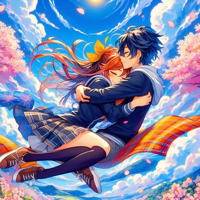 Couple embraces under spring sky