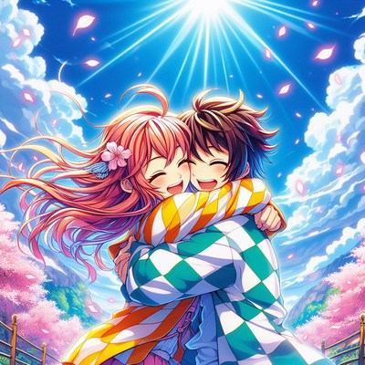 Anime couple hugging in spring