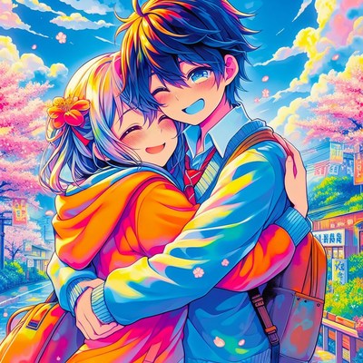 Anime couple hugging in front of cherry blossoms