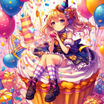 Girl sitting on giant cupcake for birthday